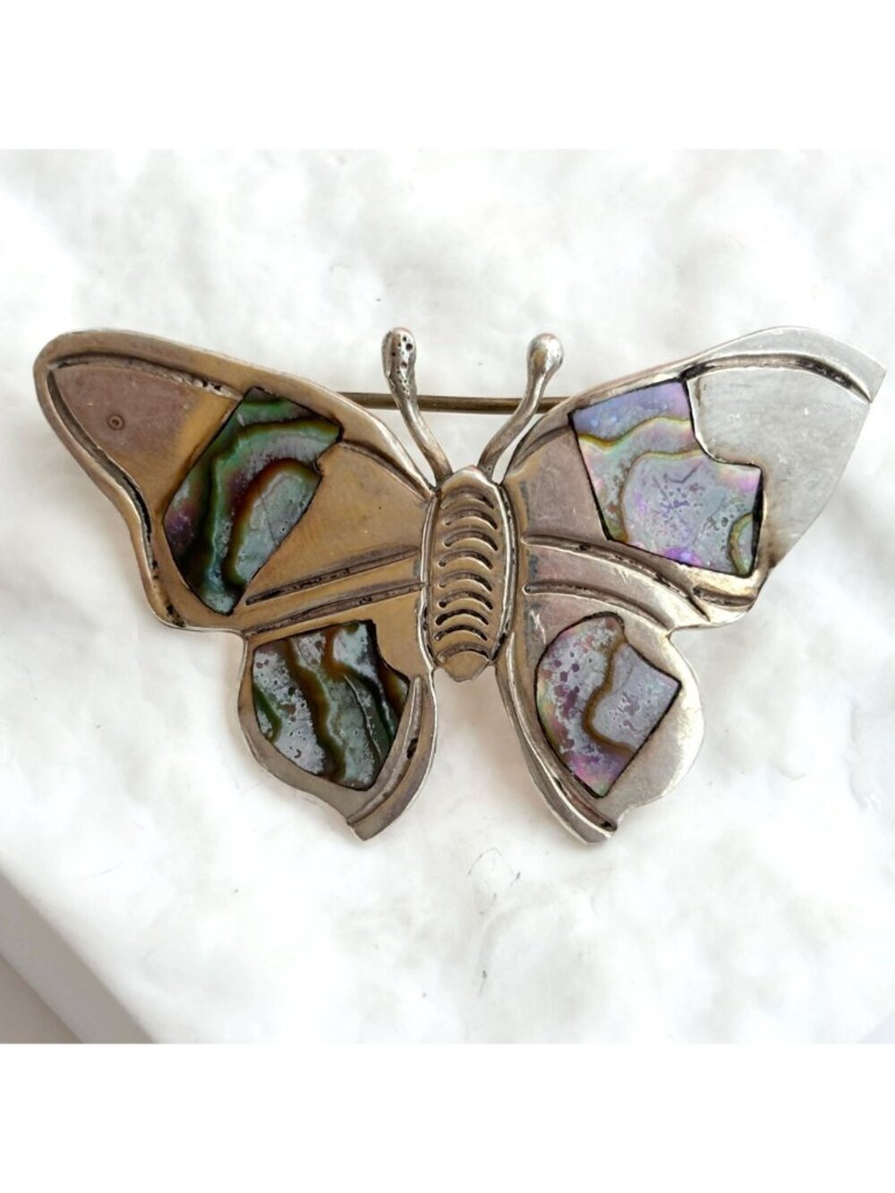 Butterfly Figural Abalone Mexican 925 Sterling Silver Navajo Vintage Brooch - Picture 3 of 11